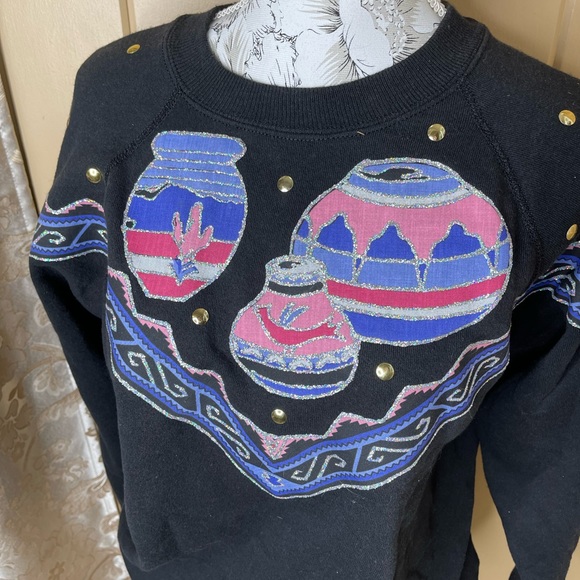 Vintage 90s Southwest Glitter Desert Travel Pastel Crewneck Sweatshirt Medium - Picture 2 of 4
